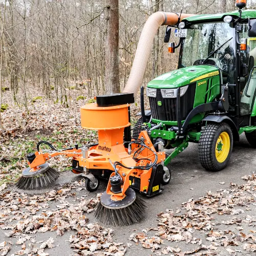 Matev MRM-120 AS active-suction vacuum sweeper fitted to a compact tractor